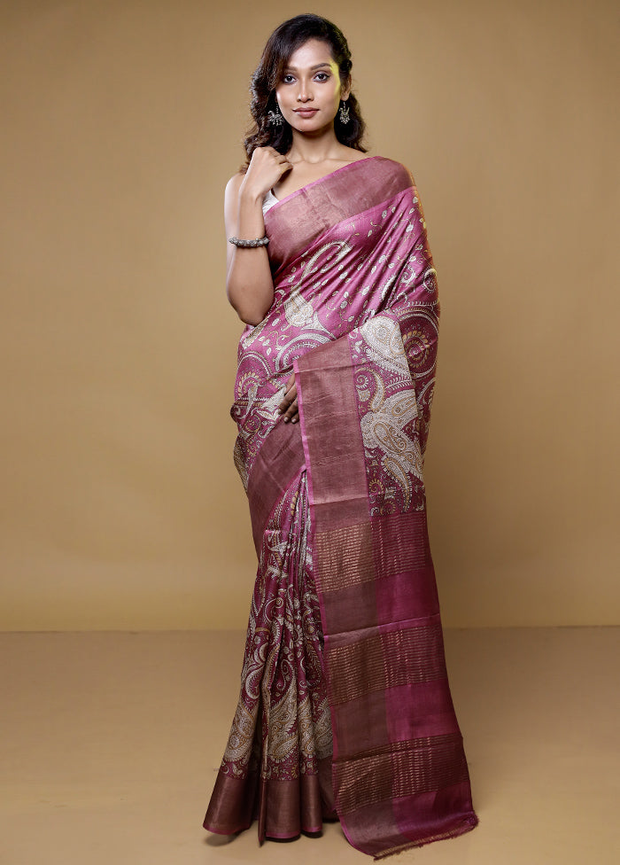 purple Tussar Silk Saree With Blouse Piece