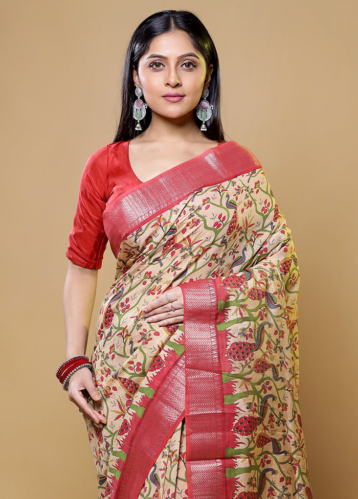 Cream Tussar Silk Saree With Blouse Piece