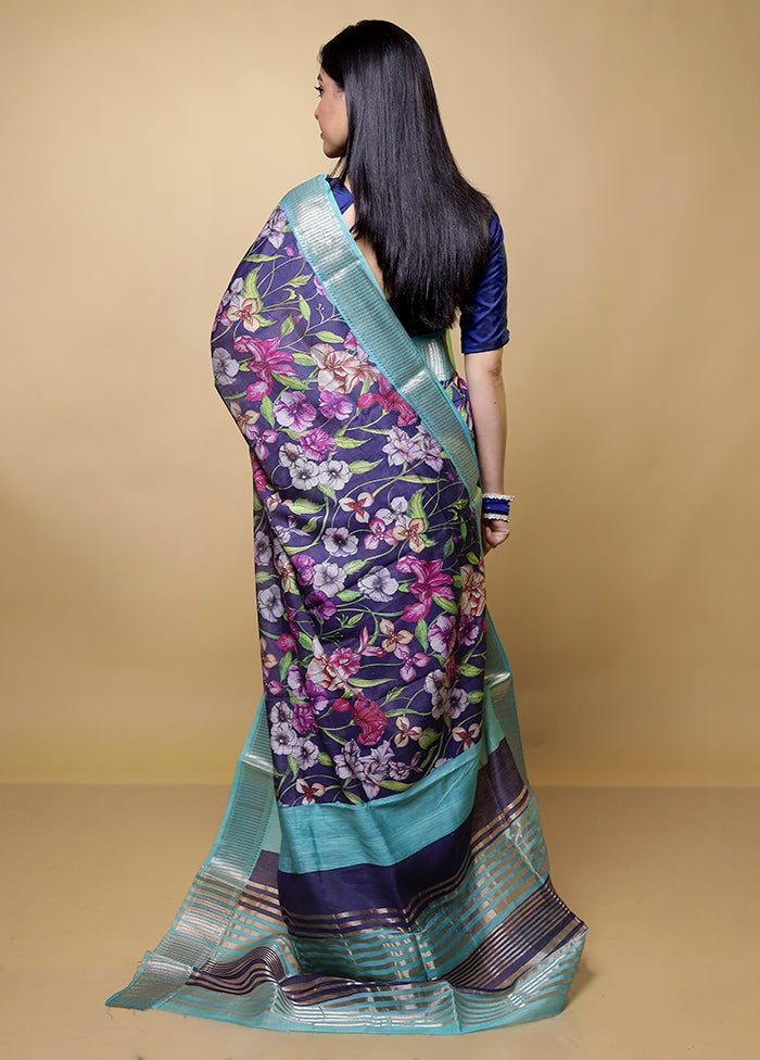 Blue Tussar Silk Saree With Blouse Piece