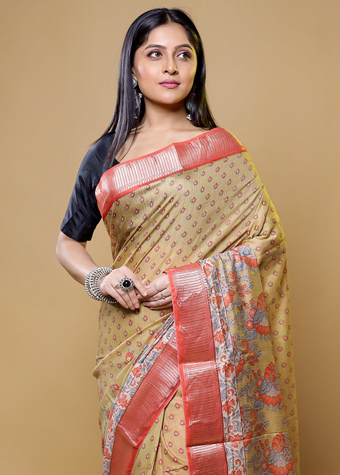 Cream Tussar Silk Saree With Blouse Piece