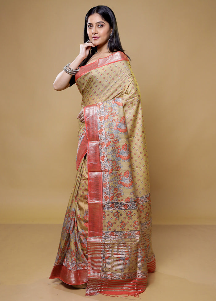 Cream Tussar Silk Saree With Blouse Piece