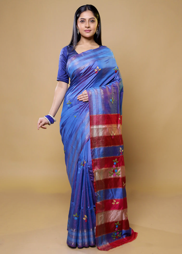 Blue Handloom Pure Bishnupuri Katan Saree Without Blouse Piece