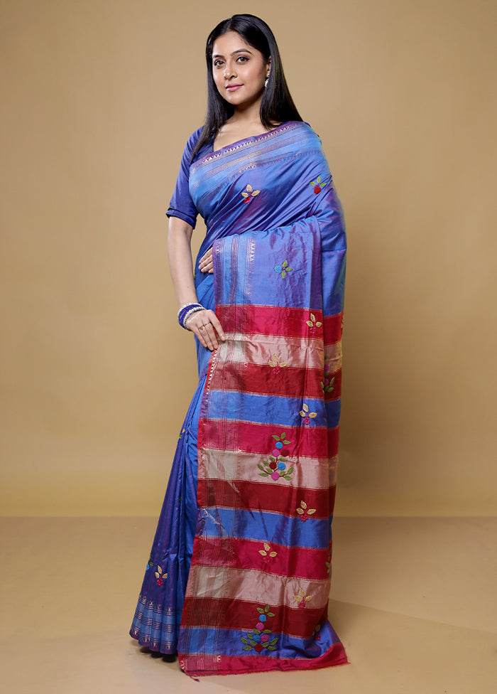 Blue Handloom Pure Bishnupuri Katan Saree Without Blouse Piece