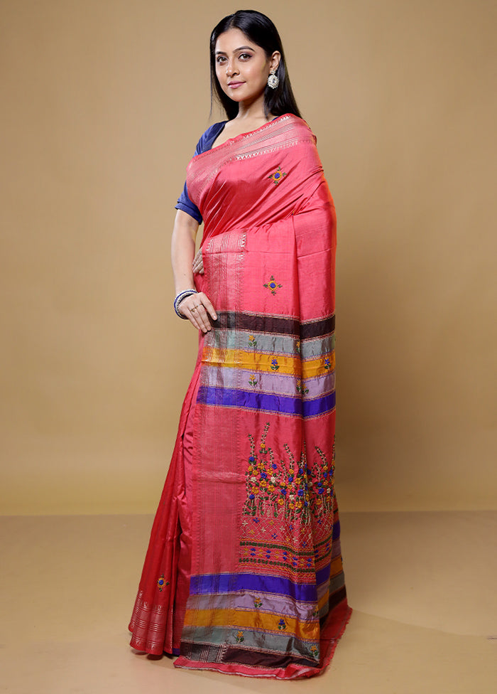 Pink Handloom Pure Bishnupuri Katan Saree Without Blouse Piece