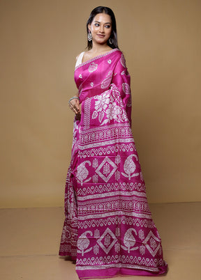 Pink Printed Pure Silk Saree With Blouse Piece