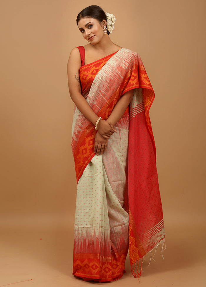 Cream Khadi Cotton Saree With Blouse Piece