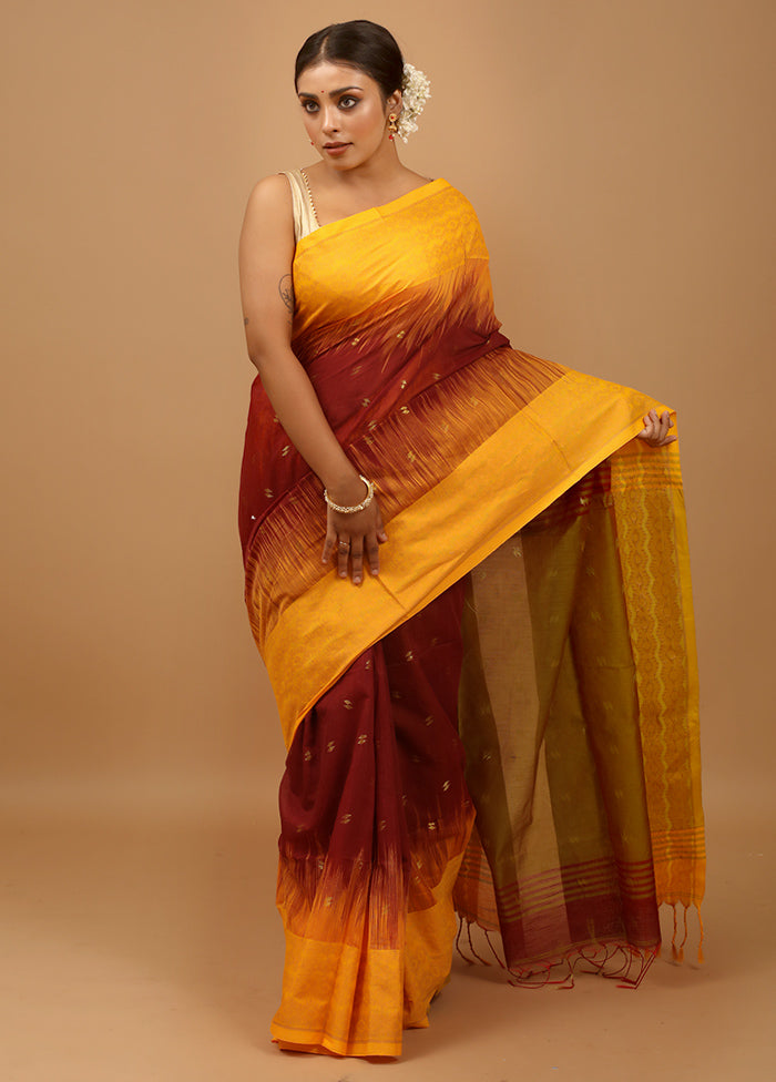 Maroon Khadi Cotton Saree With Blouse Piece