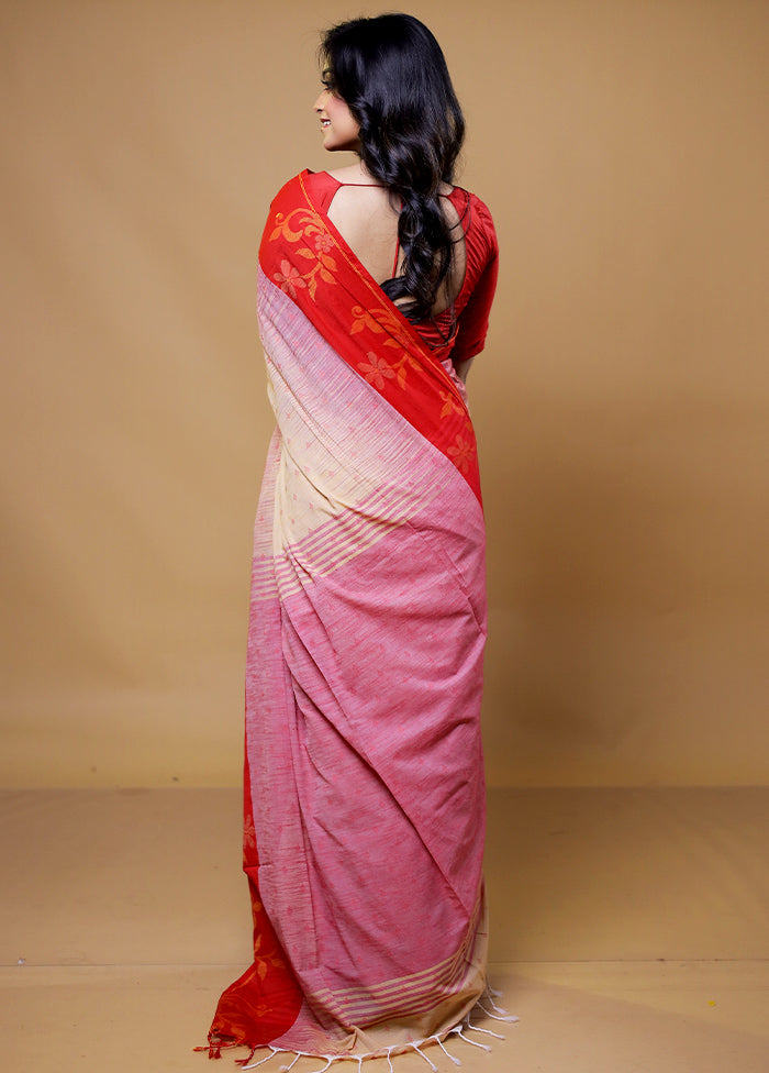 Cream Khadi Cotton Saree With Blouse Piece