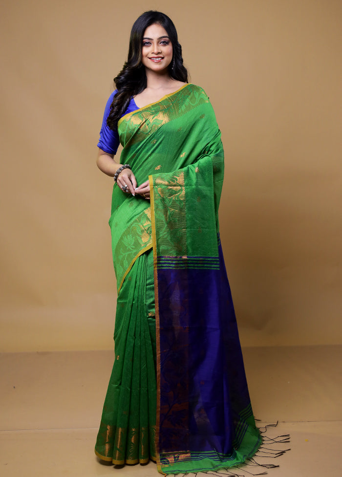 Green Khadi Cotton Saree With Blouse Piece