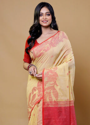 Yellow Khadi Cotton Saree With Blouse Piece