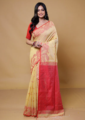 Yellow Khadi Cotton Saree With Blouse Piece