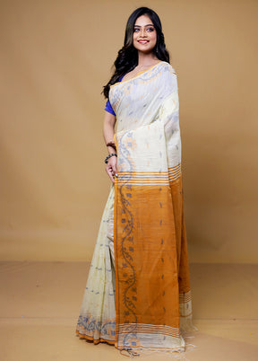 White Khadi Cotton Saree With Blouse Piece