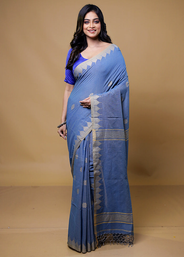 Blue Khadi Cotton Saree With Blouse Piece