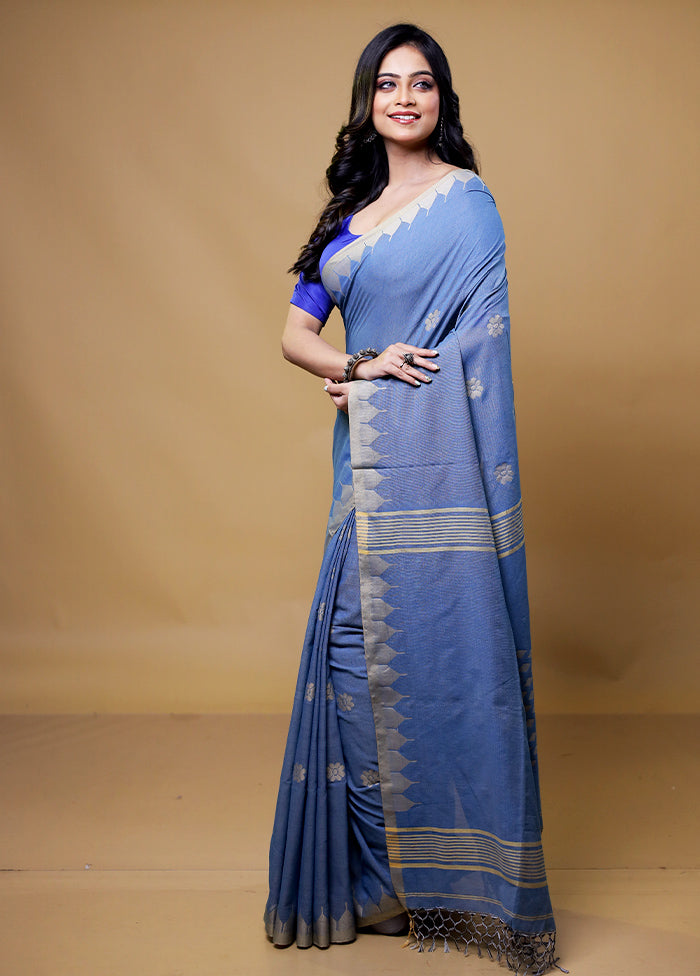 Blue Khadi Cotton Saree With Blouse Piece