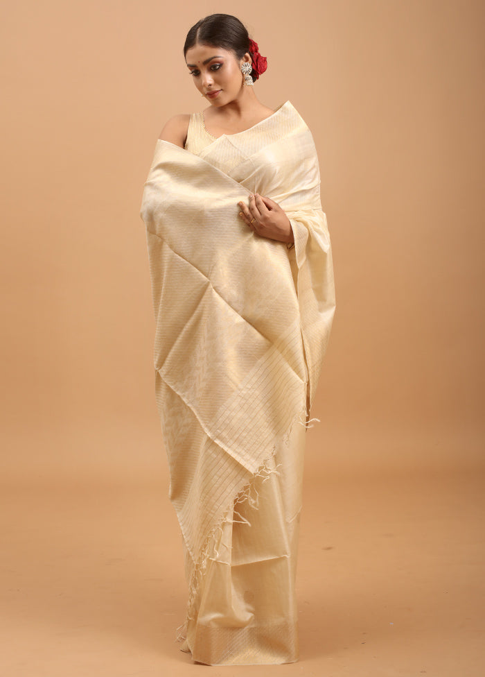 Cream Handloom Tussar Pure Silk Saree With Blouse Piece