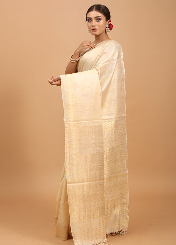 Cream Handloom Tussar Pure Silk Saree With Blouse Piece