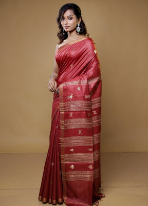 Red Handloom Tussar Pure Silk Saree With Blouse Piece