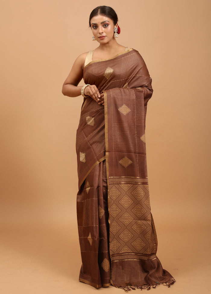 Maroon Handloom Tussar Pure Silk Saree With Blouse Piece