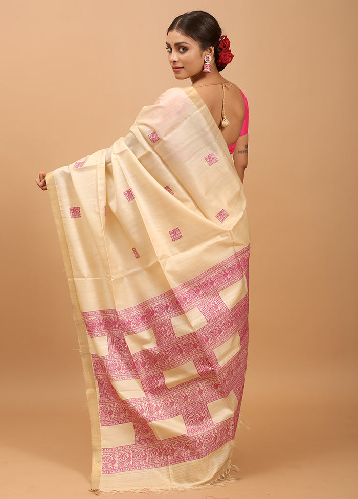 Cream Handloom Tussar Pure Silk Saree With Blouse Piece