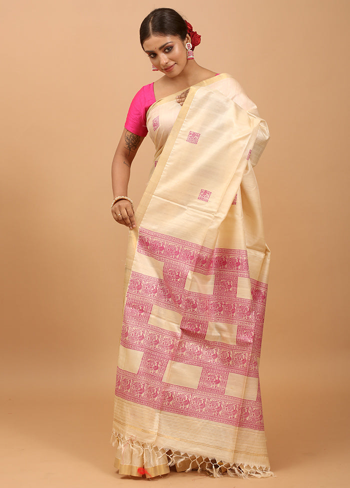 Cream Handloom Tussar Pure Silk Saree With Blouse Piece