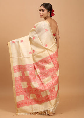 Cream Handloom Tussar Pure Silk Saree With Blouse Piece