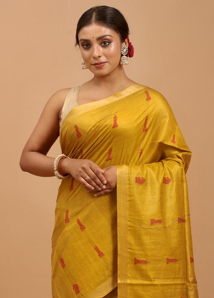 Yellow Handloom Tussar Pure Silk Saree With Blouse Piece