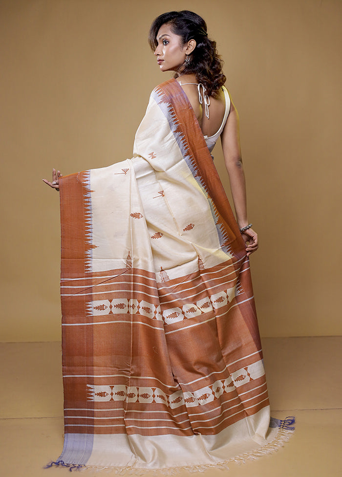 Rust Handloom Tussar Pure Silk Saree With Blouse Piece