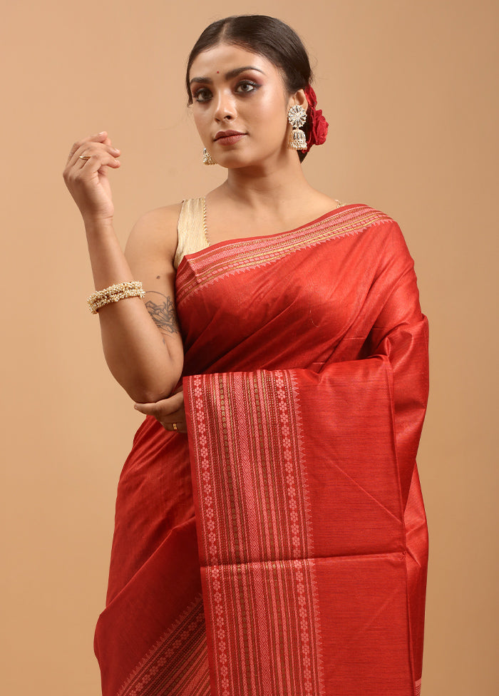 Red Tussar Silk Saree With Blouse Piece