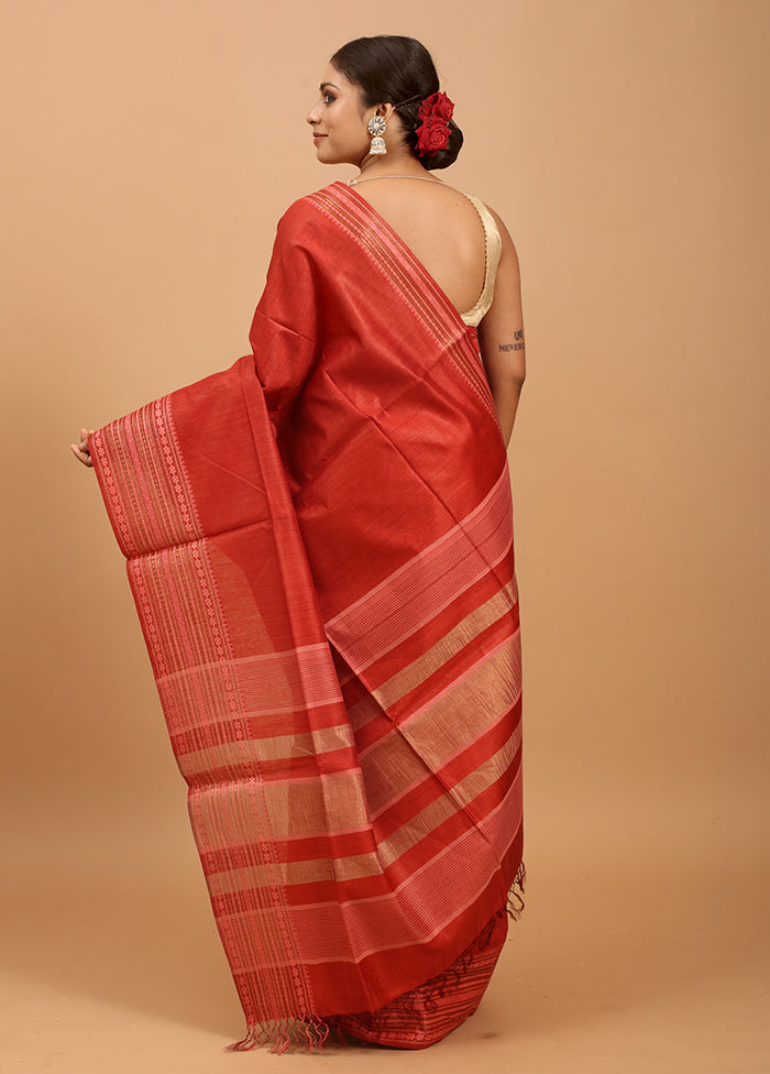 Red Tussar Silk Saree With Blouse Piece