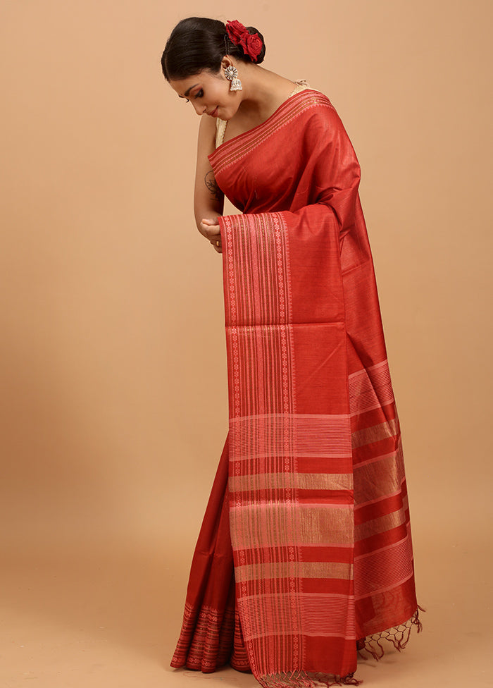 Red Tussar Silk Saree With Blouse Piece