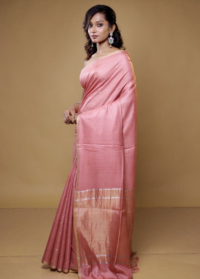 Peach Tussar Silk Saree With Blouse Piece