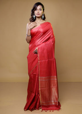 Red Tussar Silk Saree With Blouse Piece