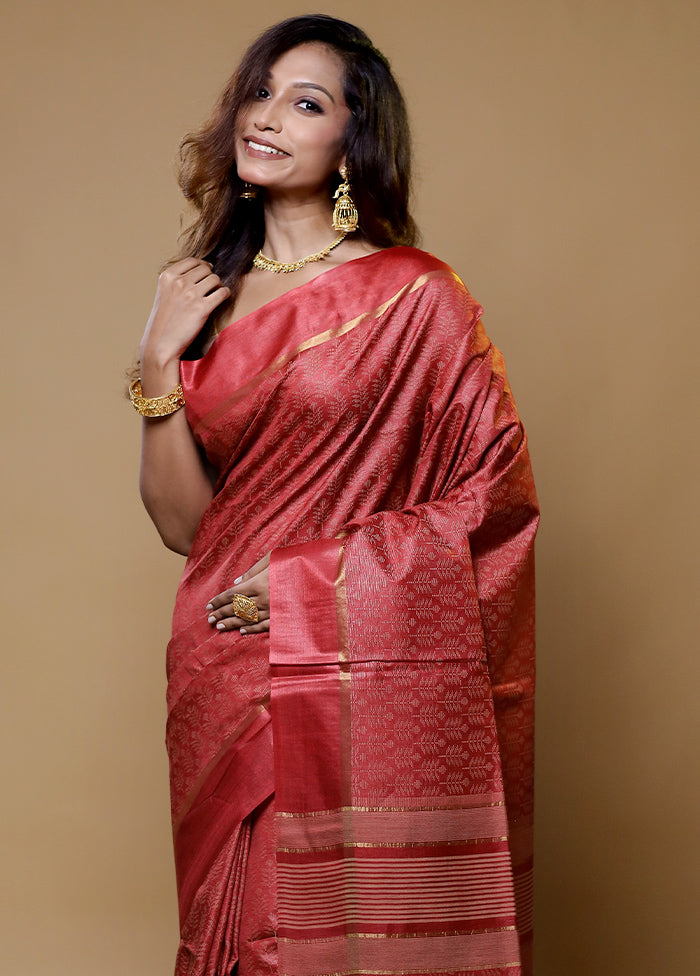 Red Tussar Silk Saree With Blouse Piece