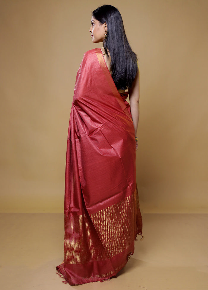 Red Tussar Silk Saree With Blouse Piece