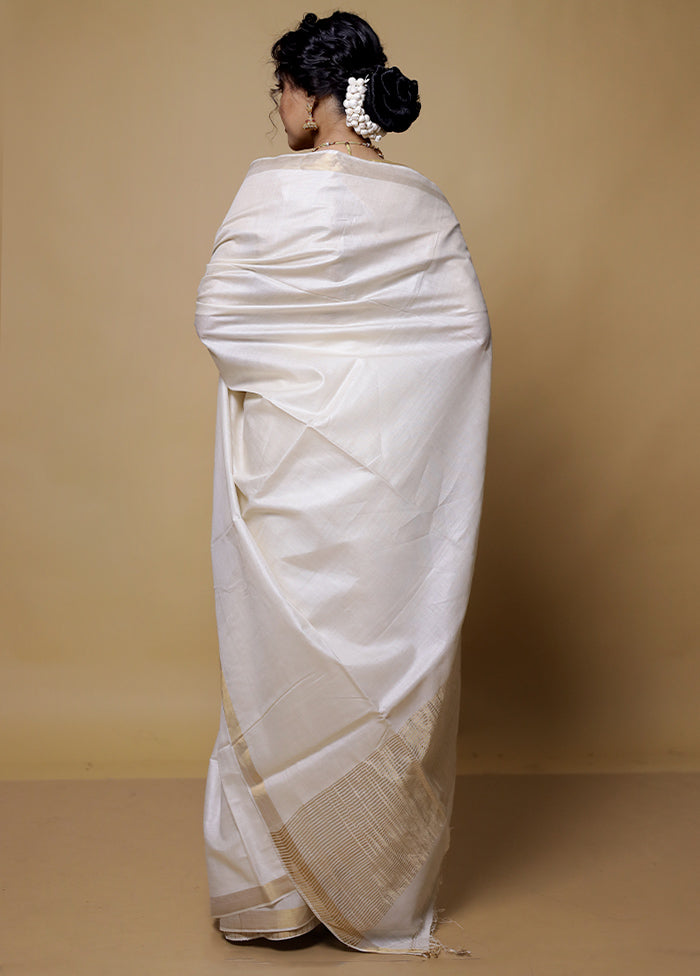 White Tussar Silk Saree With Blouse Piece