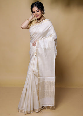 White Tussar Silk Saree With Blouse Piece