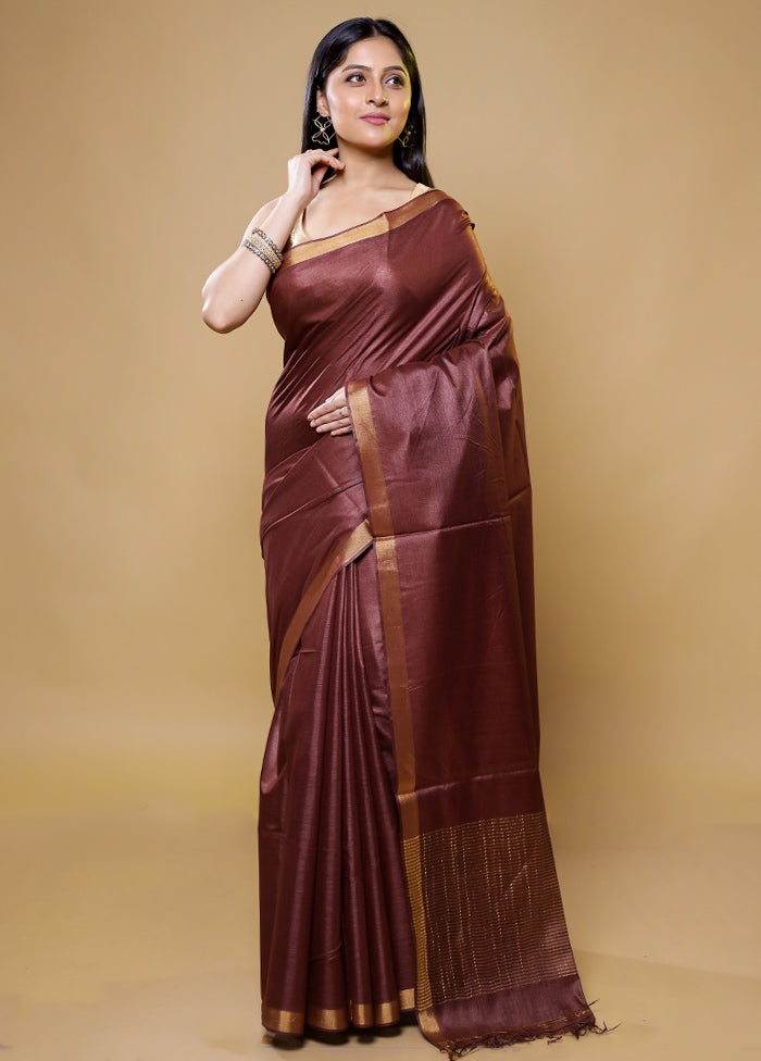 Maroon Tussar Silk Saree With Blouse Piece