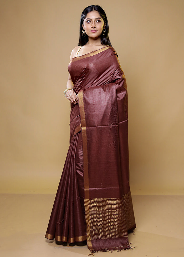 Maroon Tussar Silk Saree With Blouse Piece