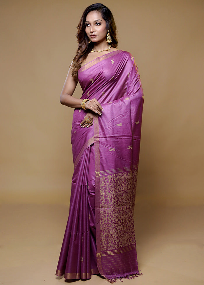 Purple Handloom Tussar Pure Silk Saree With Blouse Piece