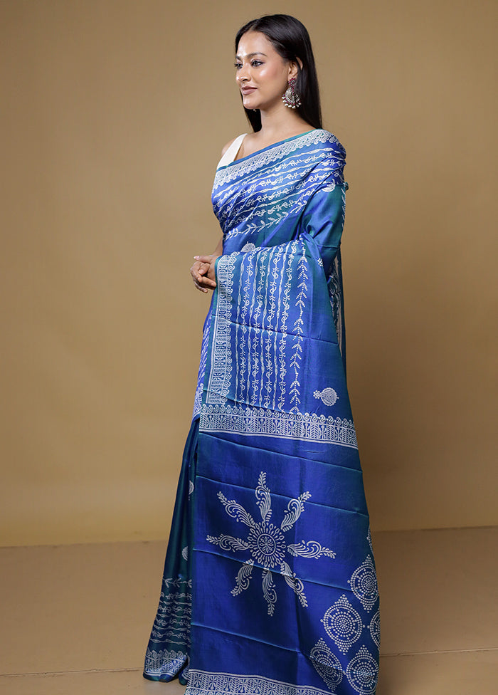 Blue Pure Sonamukhi Printed Silk Saree Without Blouse Piece