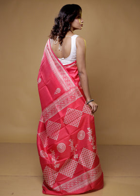 Pink Pure Sonamukhi Printed Silk Saree With Blouse Piece