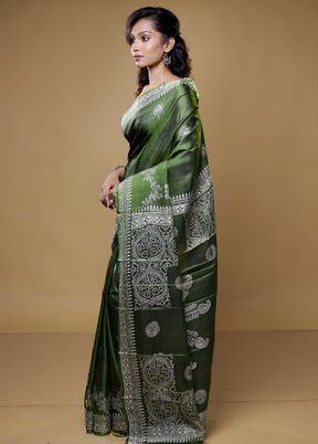 Green Pure Sonamukhi Printed Silk Saree Without Blouse Piece