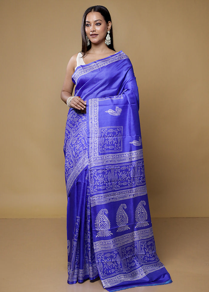 Blue Pure Sonamukhi Printed Silk Saree Without Blouse Piece