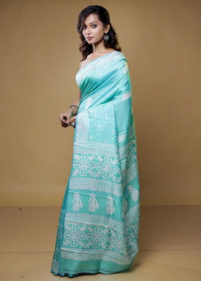 Green Pure Sonamukhi Printed Silk Saree Without Blouse Piece
