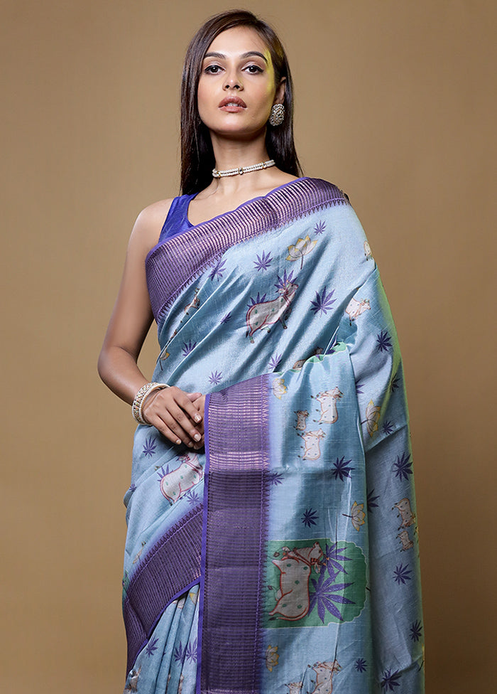 Blue Dupion Silk Saree With Blouse Piece