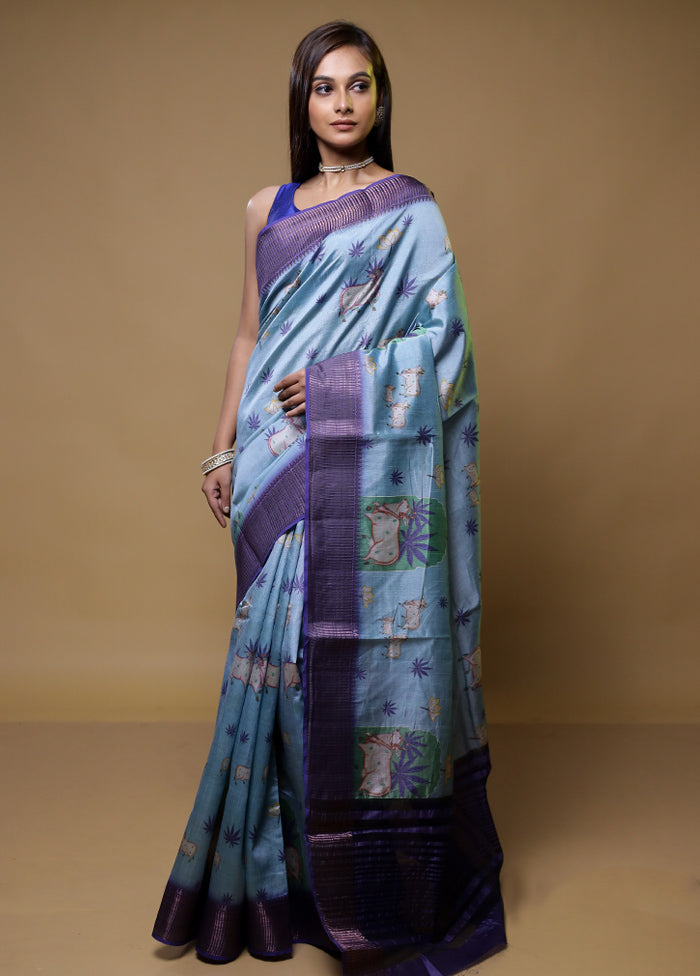 Blue Dupion Silk Saree With Blouse Piece