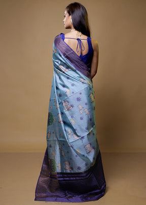 Blue Dupion Silk Saree With Blouse Piece