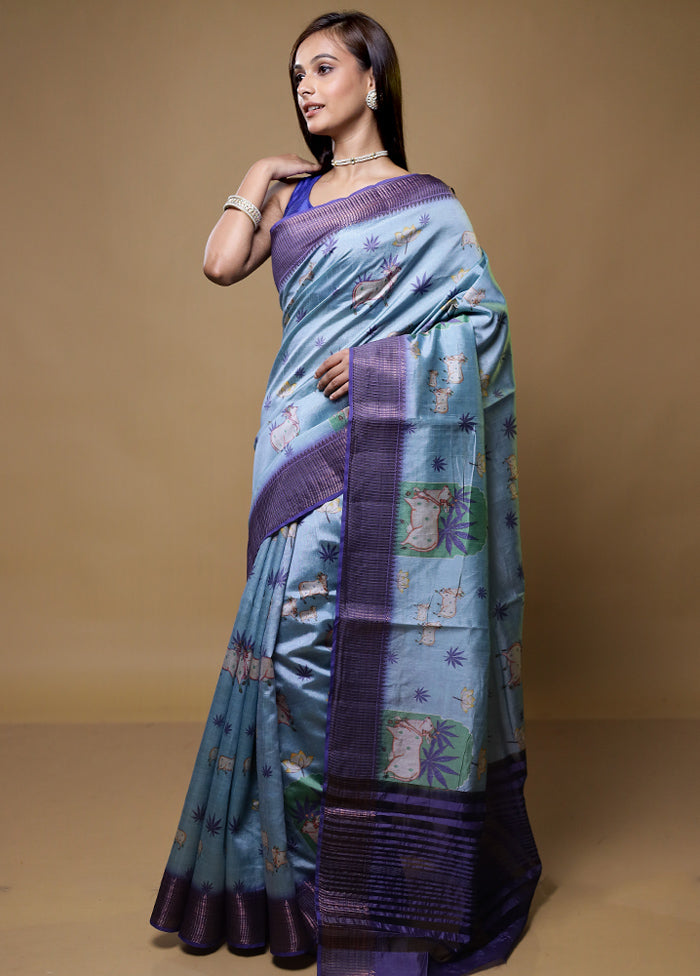 Blue Dupion Silk Saree With Blouse Piece