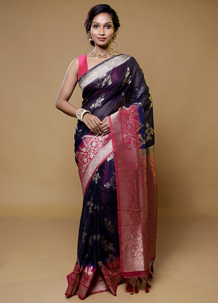 Blue Organza Saree With Blouse Piece