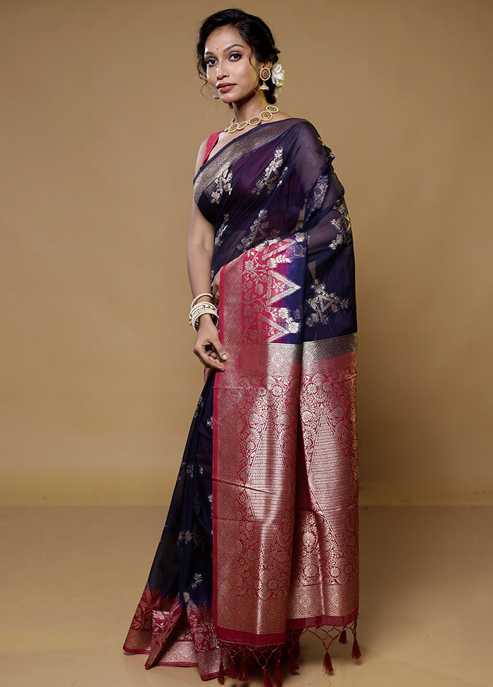 Blue Organza Saree With Blouse Piece